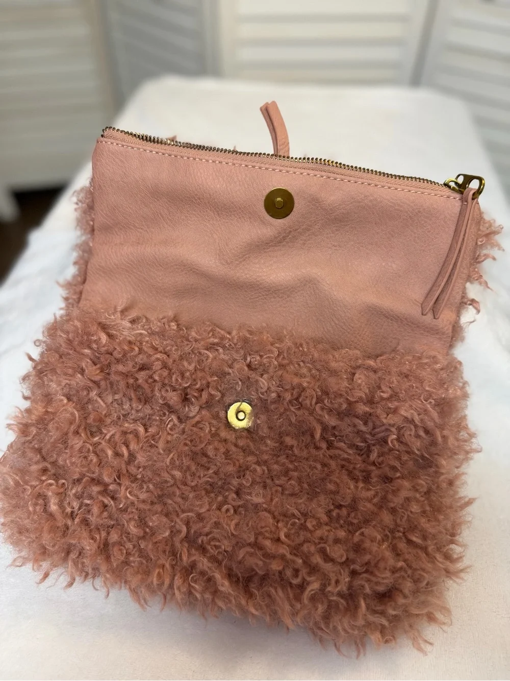 NWOT Faux Curly Shearling Fold-Over Clutch Dusty Rose